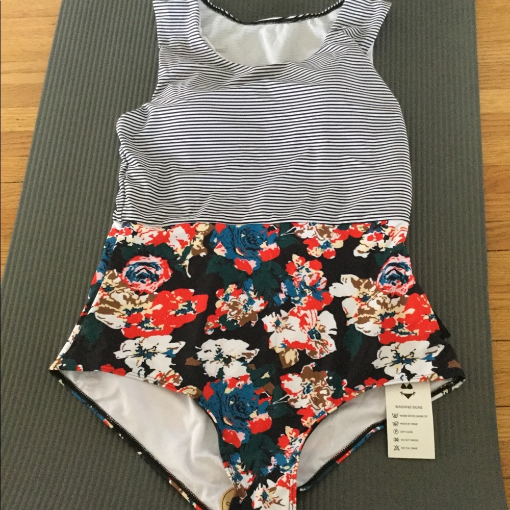 Stripe & Floral Print One Piece Swimwear NWT